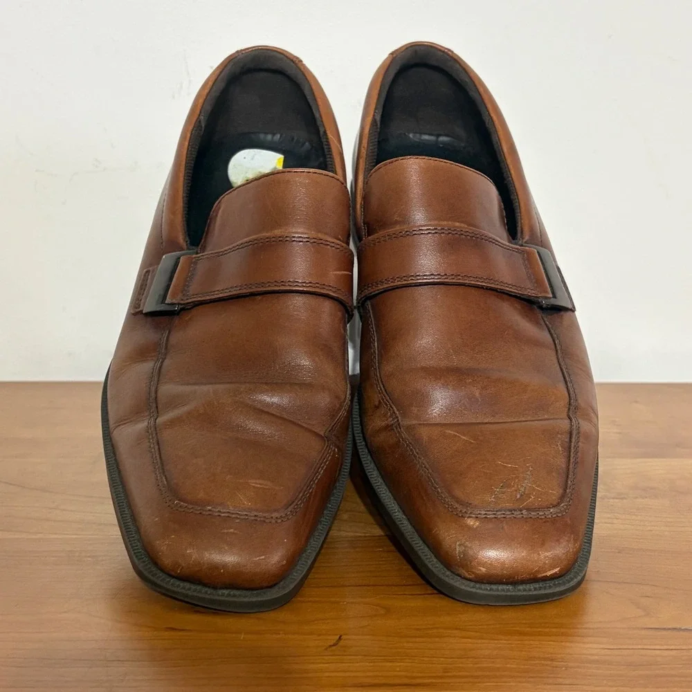 ECCO Mens Cognac Brown Leather Loafers Square Toe Monk Strap Shoes 43 404888